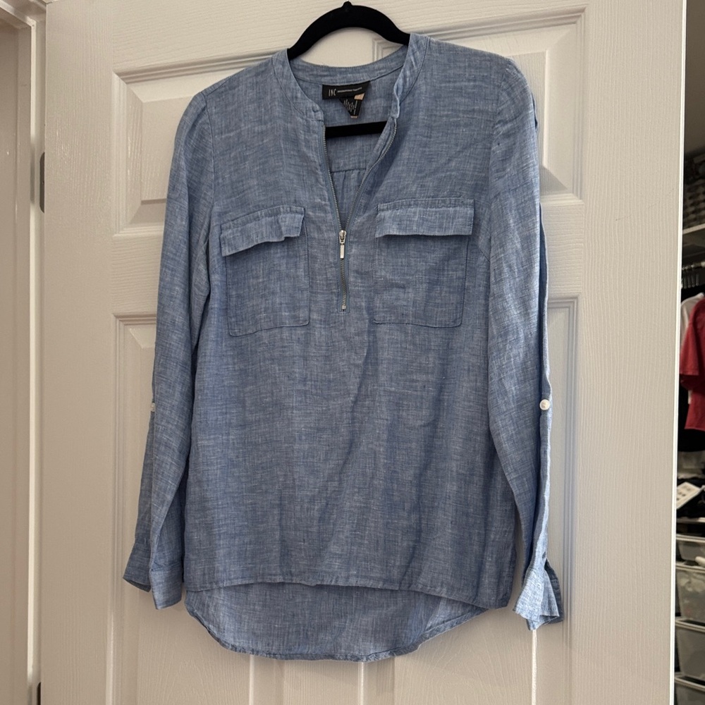 INC International Concepts Light Blue Linen Top